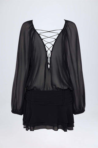 Lace Up Balloon Sleeve Mini Dress