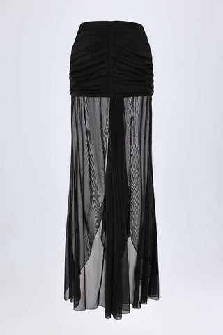 Sheer Ruched Fishtail Maxi Skirt