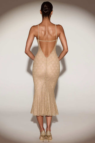 Metallic Lace Plunge Backless Evening Dress