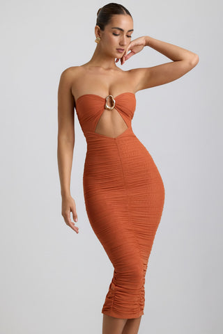 Ruched Strapless Midi Dress with Metal Hardware