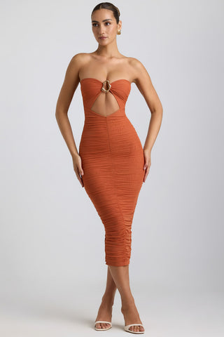 Ruched Strapless Midi Dress with Metal Hardware
