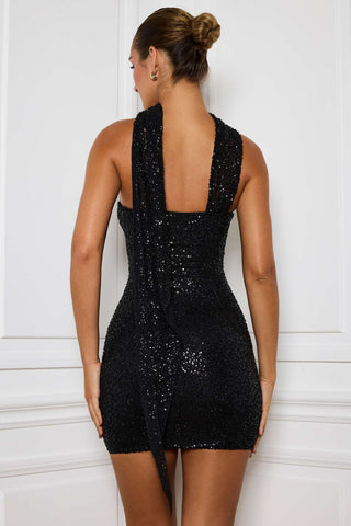 Sparkling Sequin Mini Dress with Scarf