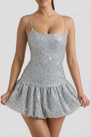 Silver Glitter Bubble Hem Mini Dress