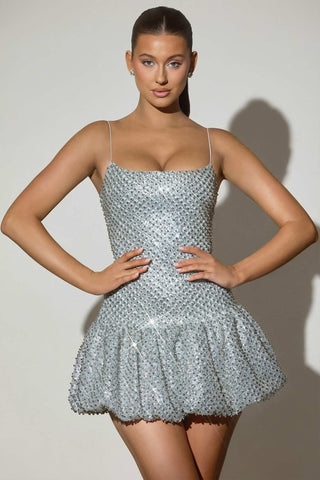 Silver Glitter Bubble Hem Mini Dress