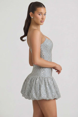 Silver Glitter Bubble Hem Mini Dress