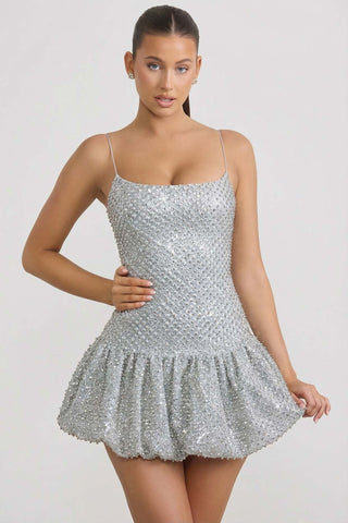 Silver Glitter Bubble Hem Mini Dress