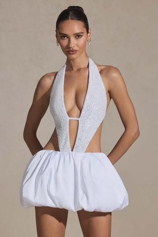Pearl Embellished Bubble Hem Mini Dress