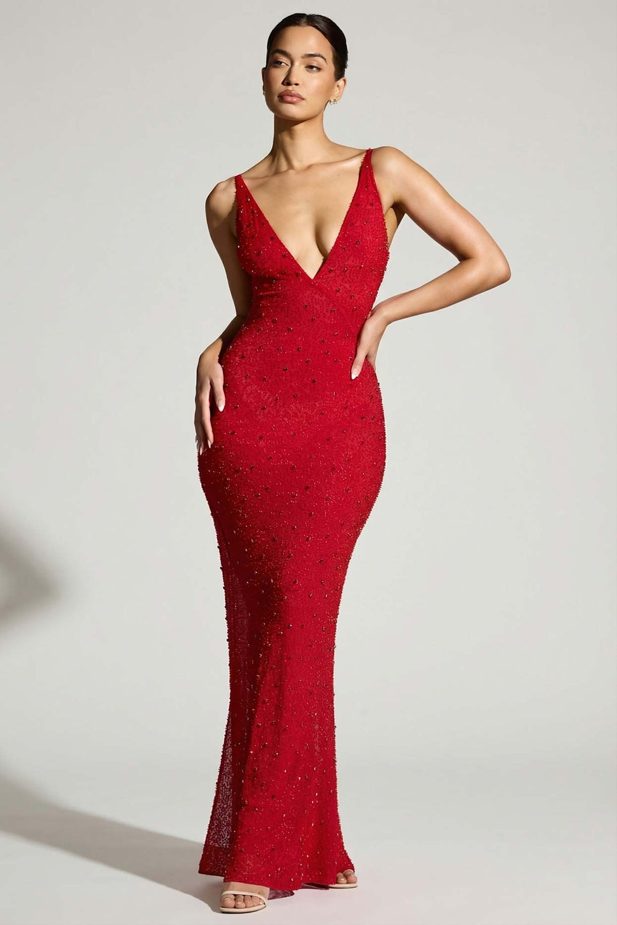 Embellished Plunge Neck Evening Gown