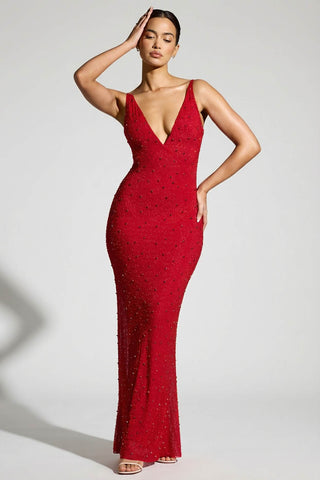Embellished Plunge Neck Evening Gown