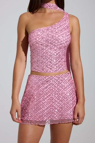 Glitter Mesh Asymmetric Top with Scarf Detail