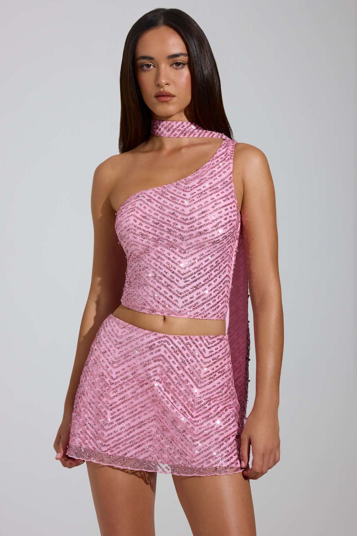 Glitter Mesh Asymmetric Top with Scarf Detail