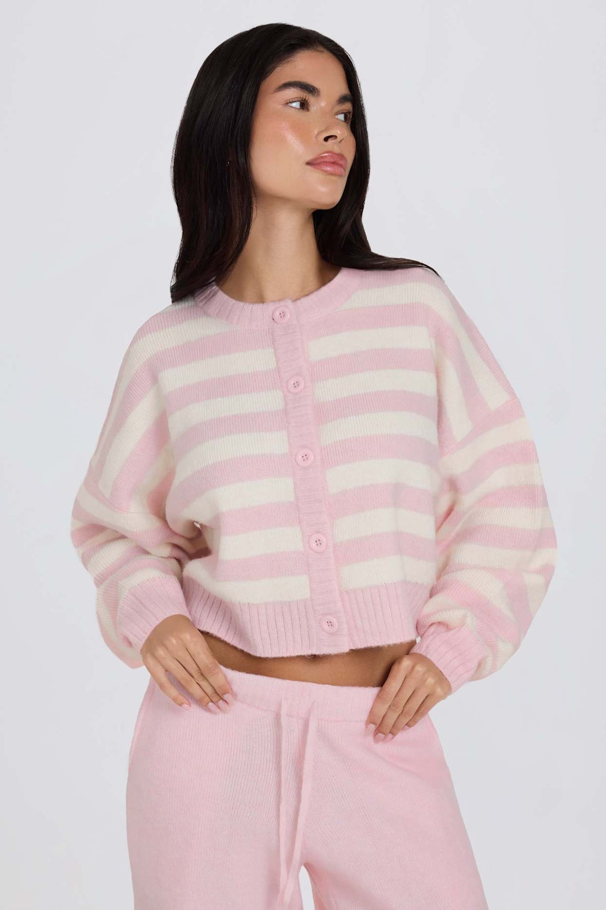 Pink Striped Cropped Knit Cardigan