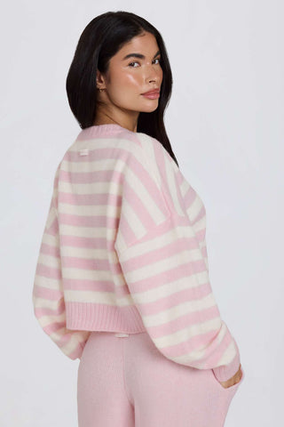 Pink Striped Cropped Knit Cardigan
