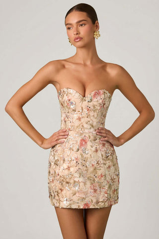 Floral Embellished Strapless Mini Dress