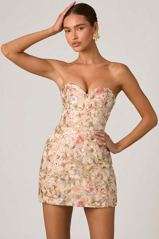 Floral Embellished Strapless Mini Dress