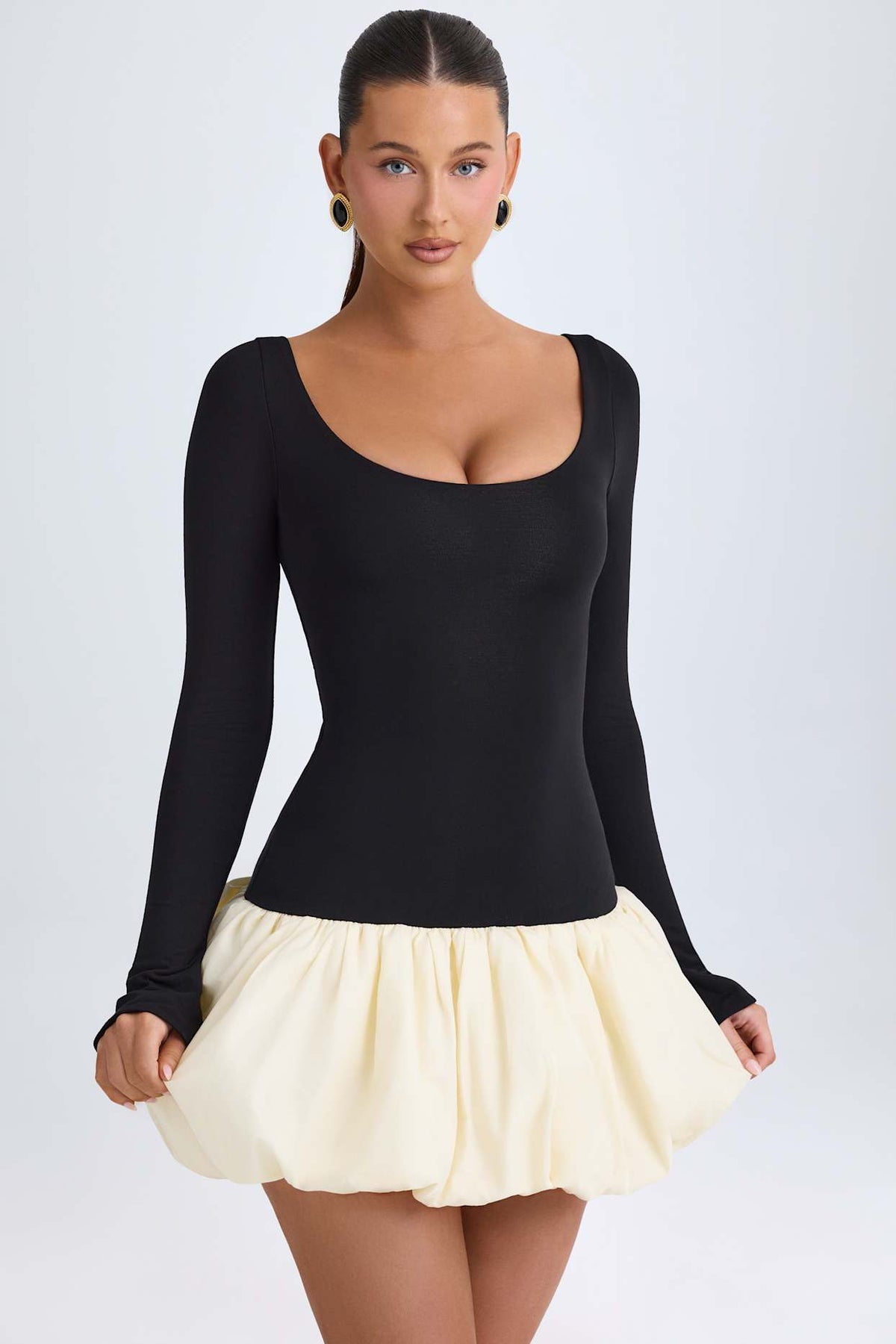 Scoop Neck Drop Waist Bubble Hem Mini Dress