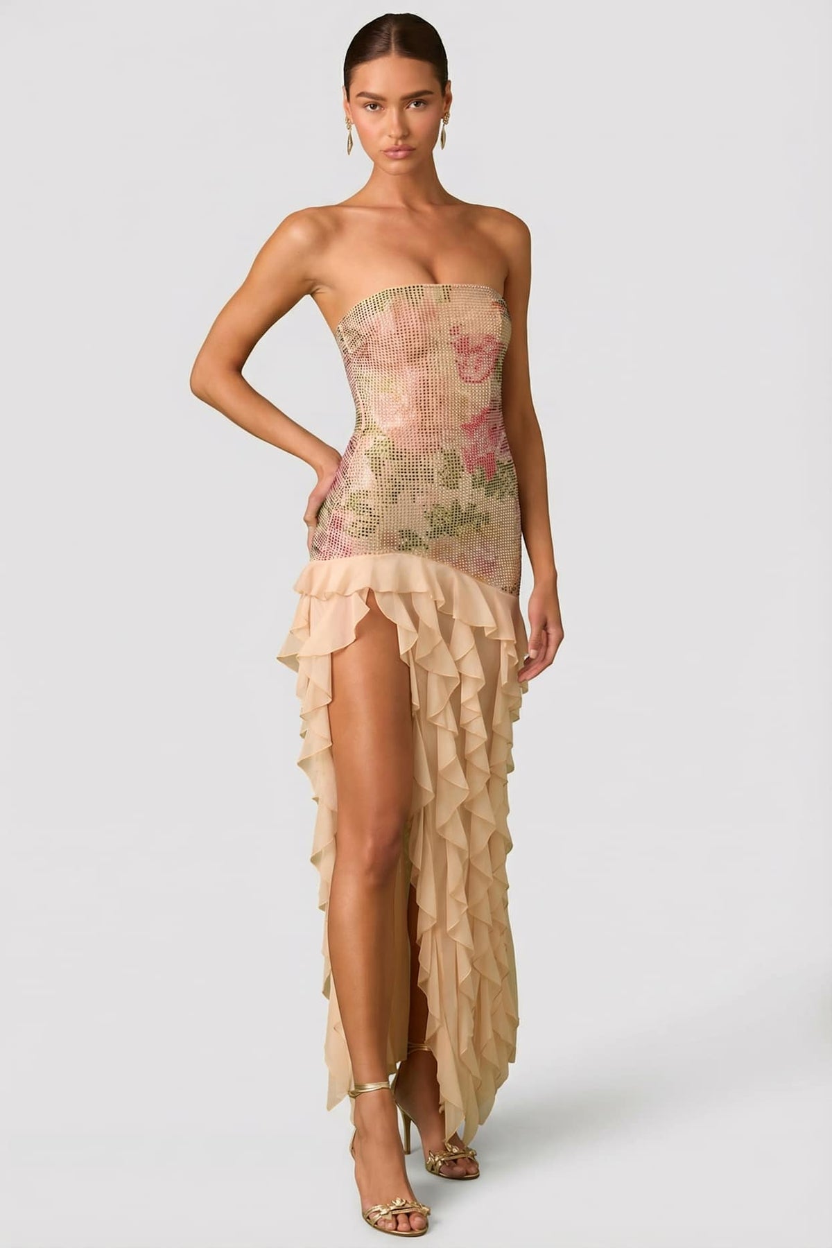 Embellished Ruffle Trim Strapless Gown