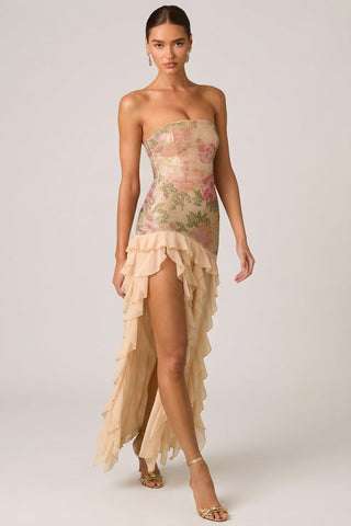 Embellished Ruffle Trim Strapless Gown