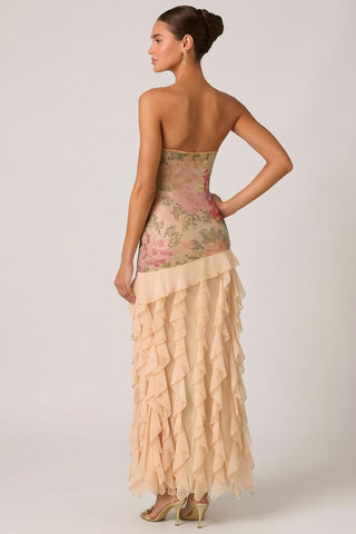 Embellished Ruffle Trim Strapless Gown