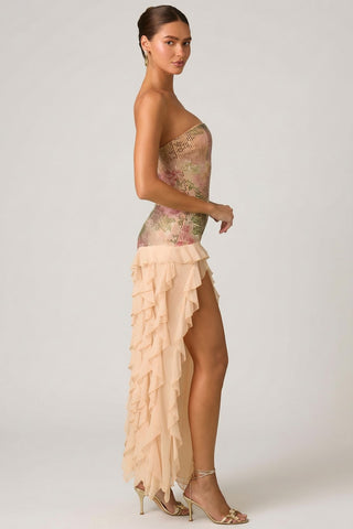 Embellished Ruffle Trim Strapless Gown