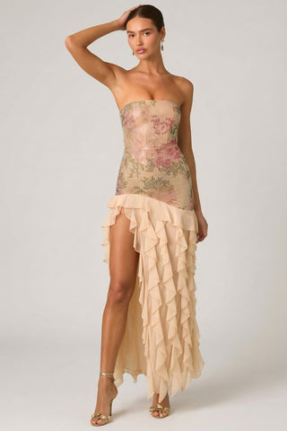 Embellished Ruffle Trim Strapless Gown