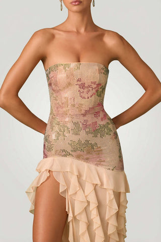 Embellished Ruffle Trim Strapless Gown