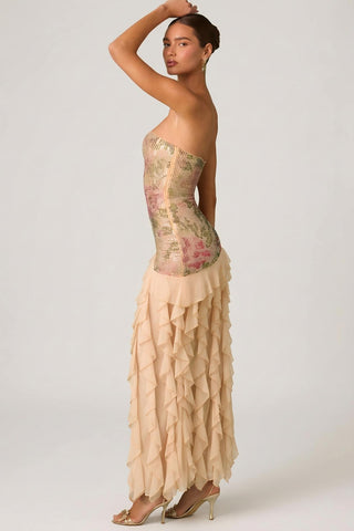 Embellished Ruffle Trim Strapless Gown