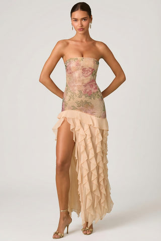 Embellished Ruffle Trim Strapless Gown