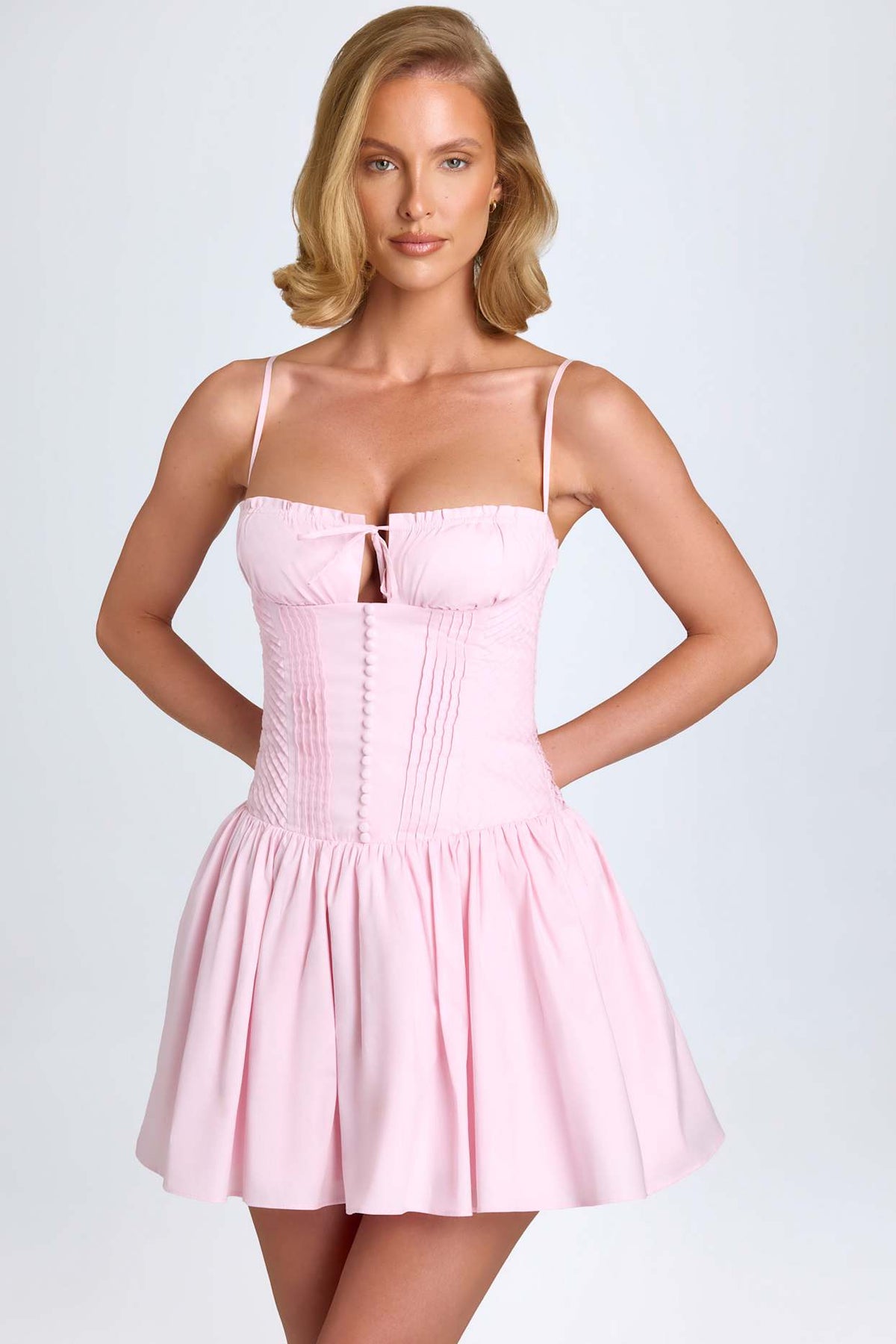 Pintucked Shirred Mini Dress