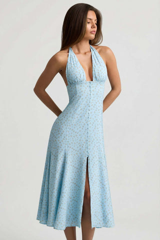 Floral Plunge Halterneck A Line Dress