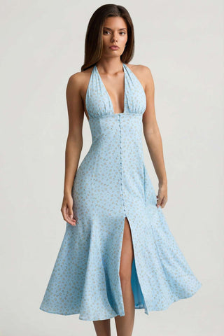Floral Plunge Halterneck A Line Dress