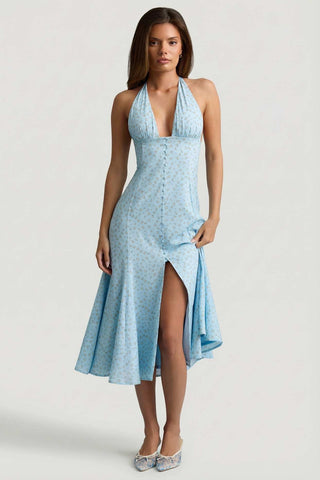 Floral Plunge Halterneck A Line Dress