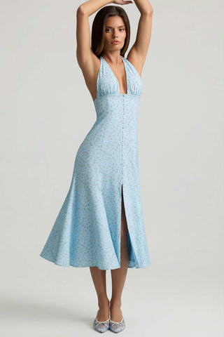 Floral Plunge Halterneck A Line Dress