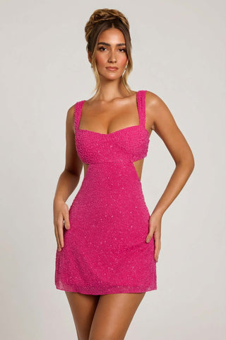 Embellished Cut Out Mesh Mini Dress