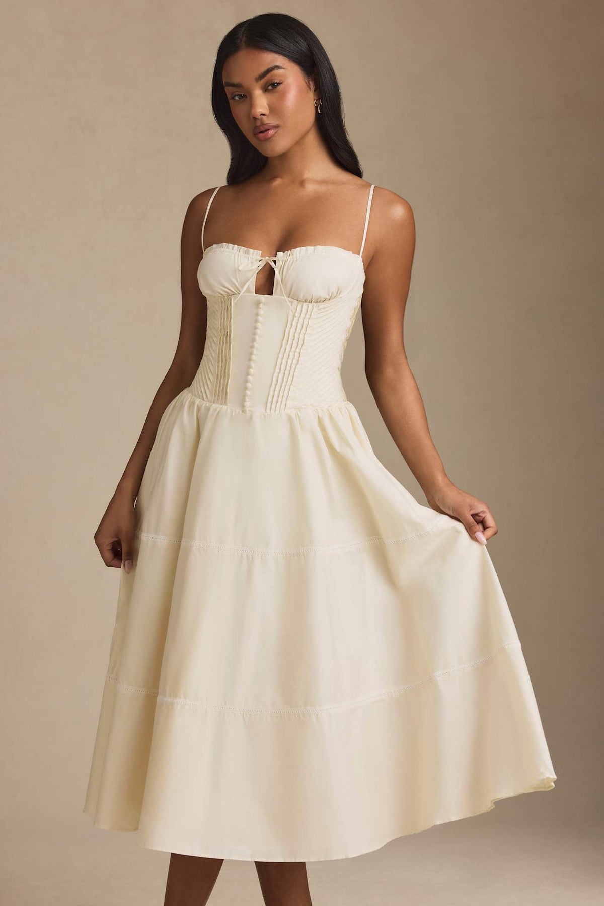 Lace Trim Pintuck Poplin Midi Dress