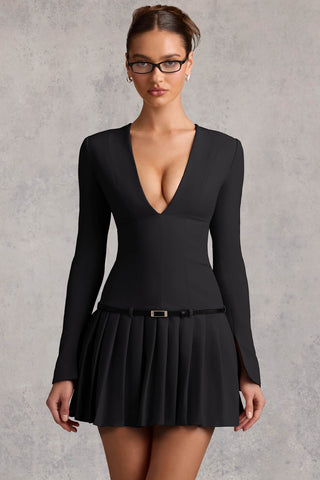 Pleated Mini Dress with Long Sleeves