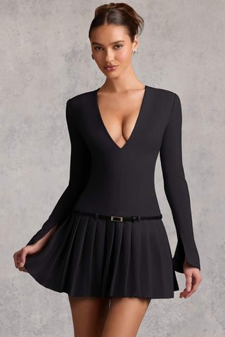 Pleated Mini Dress with Long Sleeves