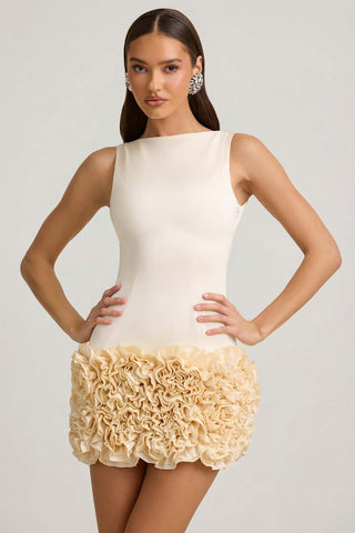 Floral Applique Open Back Mini Dress