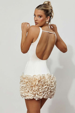 Floral Applique Open Back Mini Dress