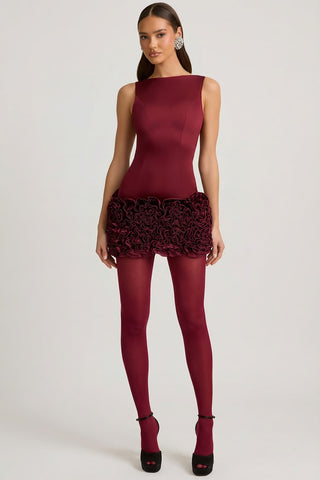 Wine Red Open Back Mini Dress with Ruffles