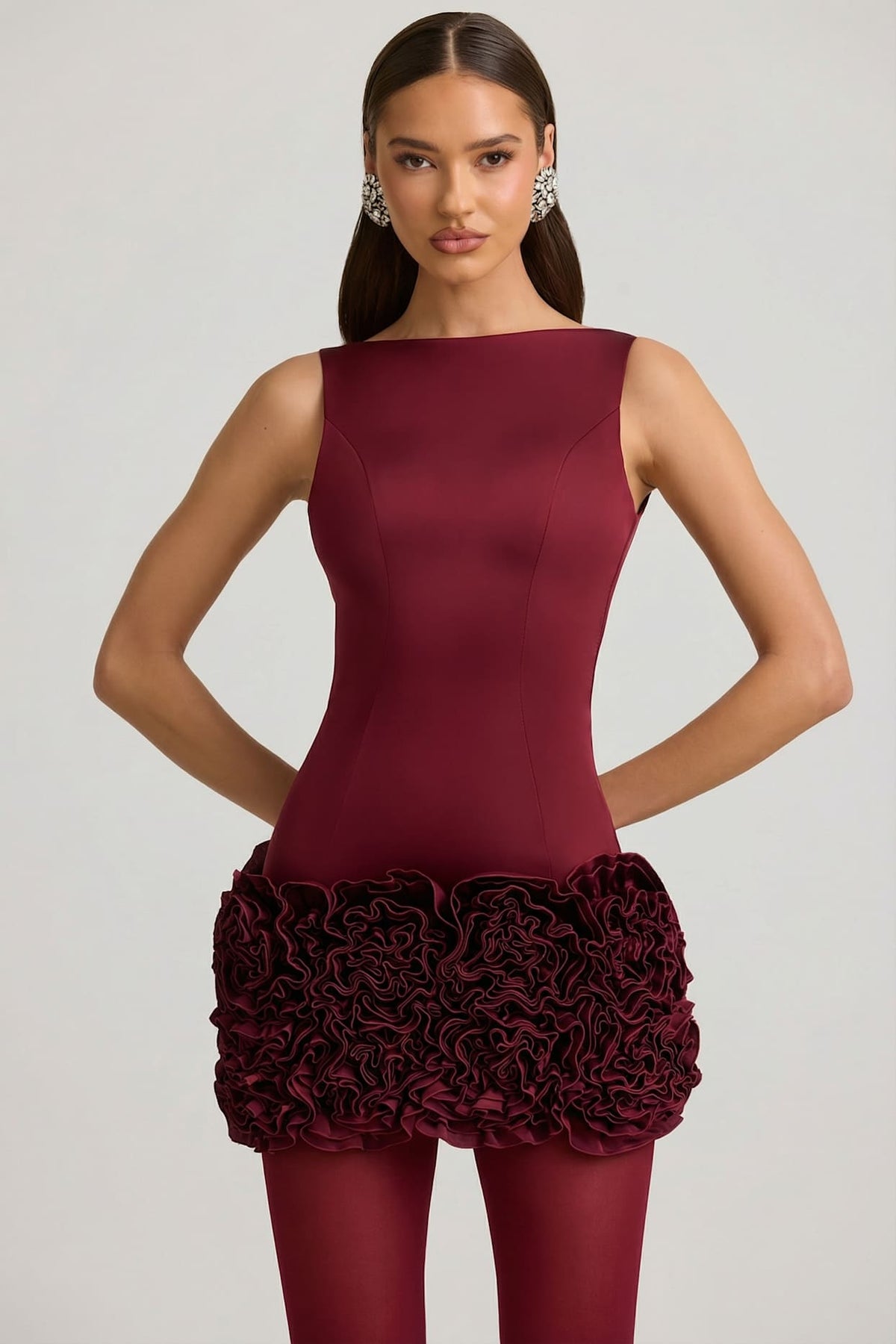 Wine Red Open Back Mini Dress with Ruffles
