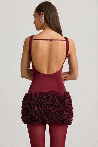 Wine Red Open Back Mini Dress with Ruffles