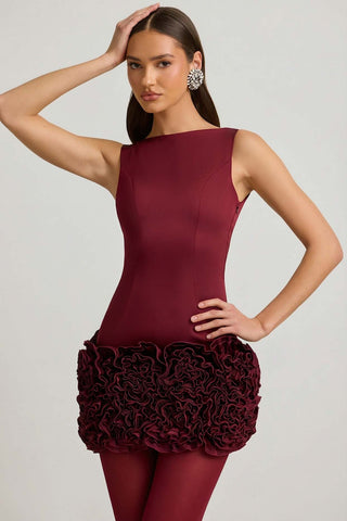 Wine Red Open Back Mini Dress with Ruffles