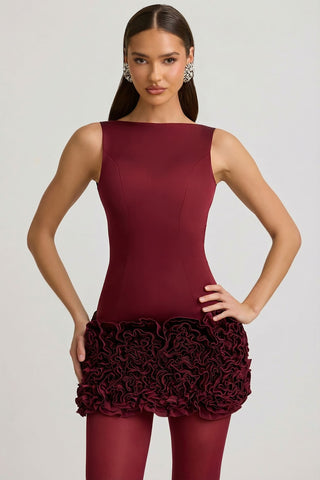 Wine Red Open Back Mini Dress with Ruffles