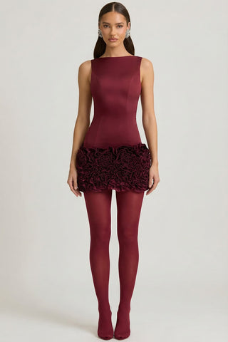 Wine Red Open Back Mini Dress with Ruffles