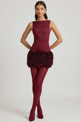 Wine Red Open Back Mini Dress with Ruffles