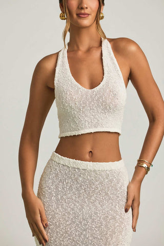Sheer Boucle Halterneck Crop Top