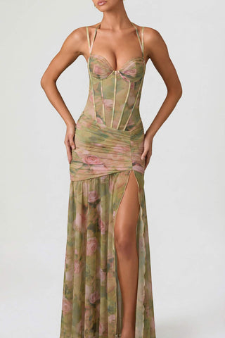 Asymmetric Corset Gown with Floral Mesh