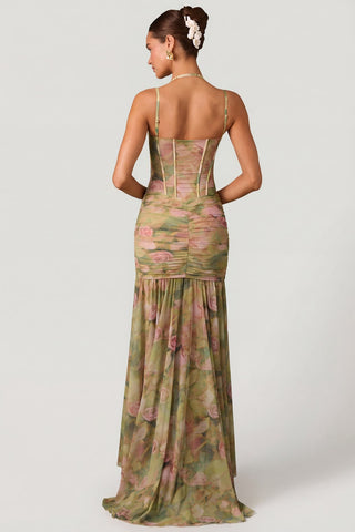 Asymmetric Corset Gown with Floral Mesh