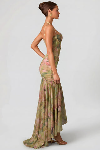 Asymmetric Corset Gown with Floral Mesh